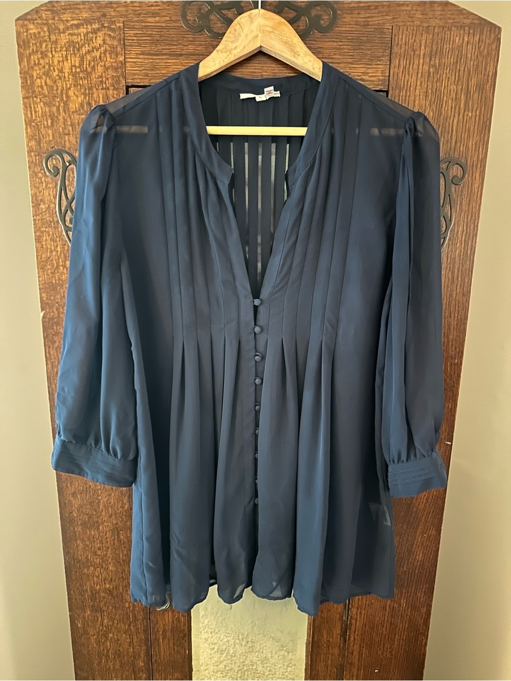 Joie Women's Navy Pleated Button-Front 3/4 Sleeve Blouse Size L Work Preppy